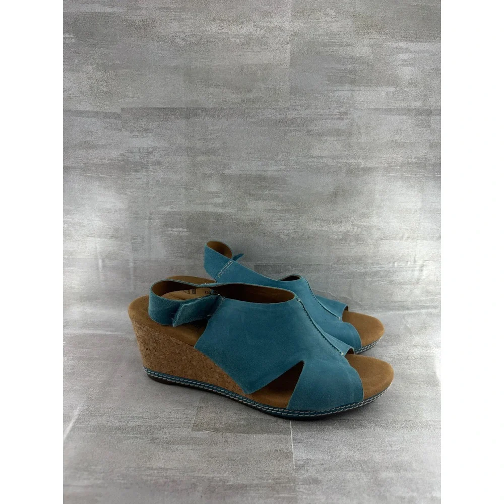 Clarks Teal Blue Nubuck Leather Cork Wedge Sandals Peep Toe Women Sz 11 M